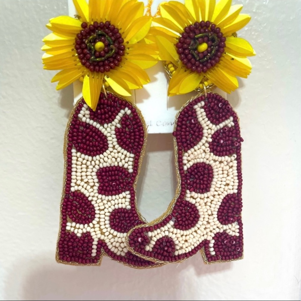 🌻NEW ARRIVAL! Caroline Brown Cow Print Boots Sunflower Beaded Earrin…